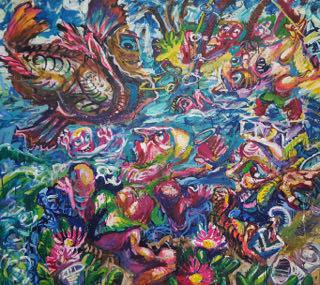 "I Got a Monster Sea Robin at the Height of Lunch," 1998, Acrylic on Canvas, 44 x 50 Inches