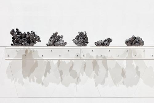 “Carbon Collision of the Diamond Mind,” 2013, Metallic-Glazed Porcelain, Plexiglas Shelves