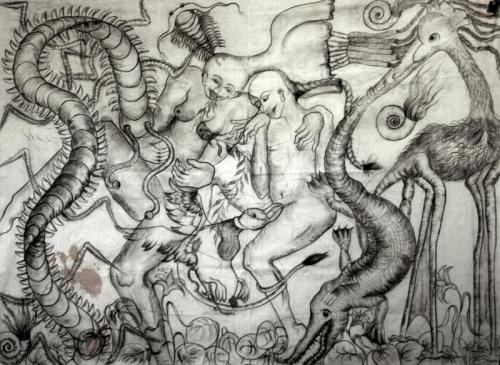 "A Fantastic Collision of the Three Worlds V," 2009, Charcoal and Oil Stick on Canvas, 9 x 12 feet