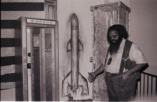 "Bert L. Long, Jr. at a pop up exhibition in NYC," Circa 1982, 35mm Black and White Negative