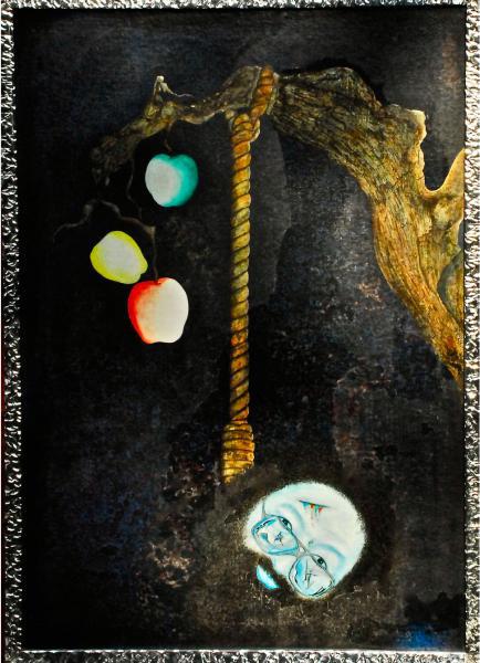 “Fruits of Life (No Good Deed Goes Unpunished),” 1981, Acrylic on Canvas with Frame of Hammered Aluminum, 37 x 25 x 4 Inches
