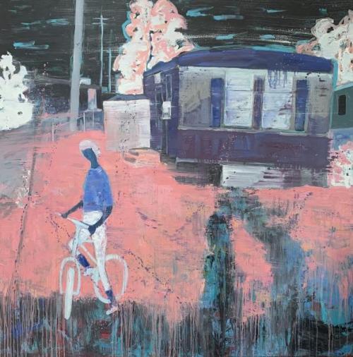 "Girl and Bike," Oil and Acrylic on Canvas, 60 x 60 Inches