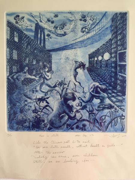 "Here is Still… After Sept. 11th," 2003, Etching, Aquatint and Engraving on Paper, Edition 9/30, 12 x 12 inches
