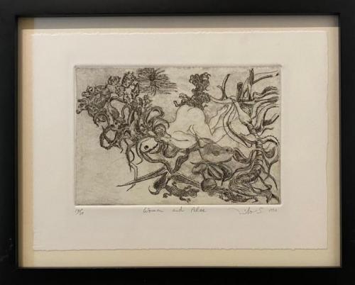 "Woman and Aloe," 1996, Etching on Paper, Edition 14/30, 6 x 9 Inches