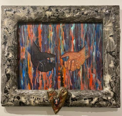 "Brotherhood," 1987, Painting on Canvas with Frame of Wood, Plaster of Paris, and Brooch, 35 x 41 Inches 