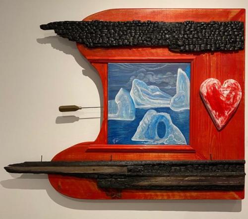 “Passion,” 2012, Acrylic and Wood Elements, Icepick and Plaster Heart, 36 x 46 x 3 Inches