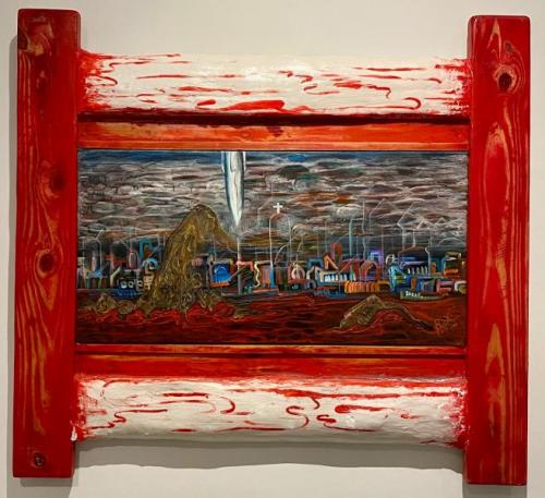 “Rivers of Blood,” 2010, Acrylic on Canvas with Frame of Plaster and White Pine, 43 x 47 x 3 Inches