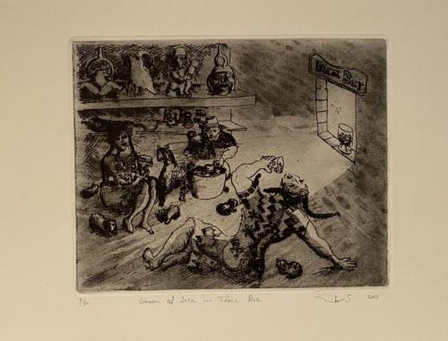 "Women of Inca in Their Bar," 2003, Etching on Paper, Edition 9/30, 8 x 9.5 Inches