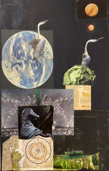 "Adventures of the Cormorants," Circa 1983, Mixed Media and Cut Canvas Collage Painting, 32 x 20 Inches 