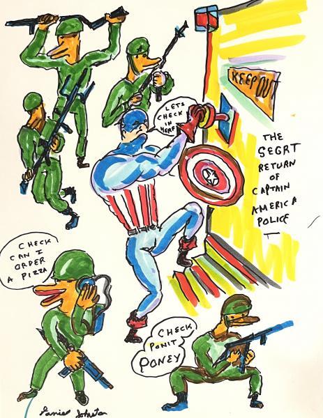 "Let’s Check In Here," 2010, Colored Marker on Card Stock Paper, 11 x 8.5 inches