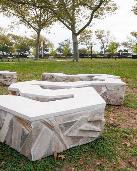 "UKR|RUS," 2024, reclaimed wood, concrete, glass, plaster, and ground marble, Asser Levy Park, Brooklyn, NY (detail)