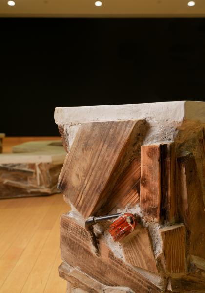 "UKR|RUS," 2024, reclaimed wood, concrete, glass, plaster, and ground marble, The Ukrainian Museum, New York, NY (detail)