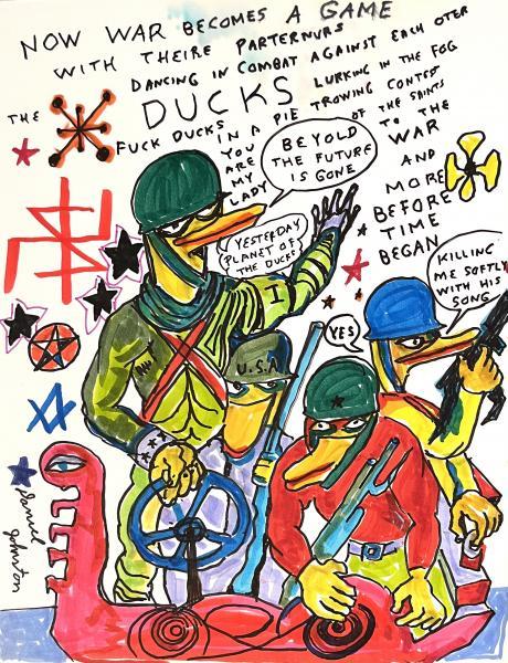 "Now War Becomes a Game," 2010, Colored Marker on Card Stock Paper, 11 x 8.5 inches