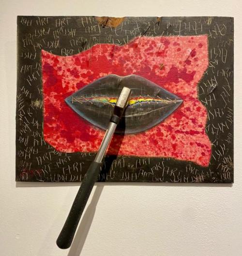 "Persistence (Mum's the Word)," 1983, Acrylic on Canvas with Hatchet, String, Paper Tag, 16 x 21 Inches