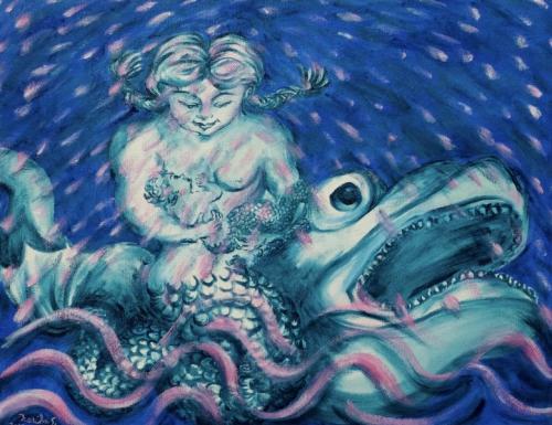 “H-m, are Mermaids Mammals?,” 2020, Oil on Canvas, 14 x 18 Inches