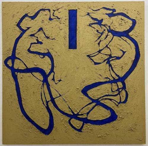 "Man and Nature," 2021, Acrylic and Clay on Canvas, 79 x 79 inches