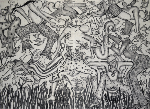"A Fantastic Collision of the Three Worlds XVII," 2013, Charcoal and Oil Stick on Canvas, 9 x 12 feet