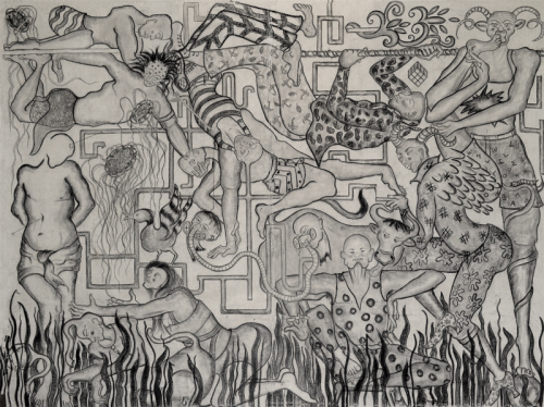 "A Fantastic Collision of the Three Worlds XVIII," 2013, Charcoal and Oil Stick on Canvas, 9 x 12 feet