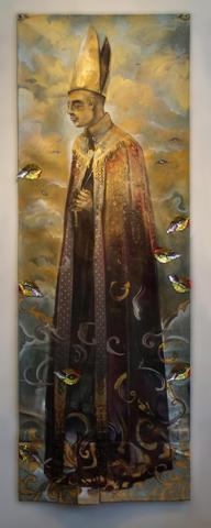 "The Bishop’s Conscience," 2010, Oil, Mixed Media on Photo Canvas, 104 x 30 Inches