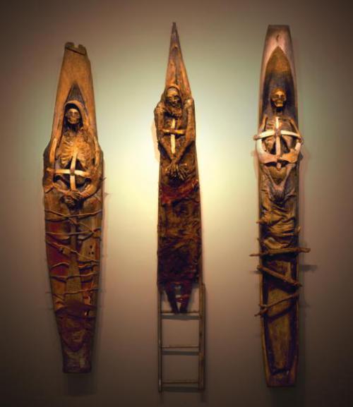 "Vessels," 1994-1997, Paper Mache, Bone and Mixed Media Sculpture, 127 x 97 x 14 Inches