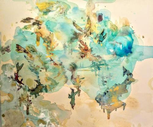 “Skyscape,” 2018, Acrylic Paint, Resin, Watercolor and Ink on Canvas, 48 x 58 Inches