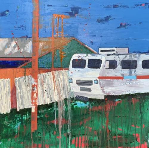 "Snow Bird Wagon," 2020, Oil and Acrylic on Canvas, 30 x 30 Inches