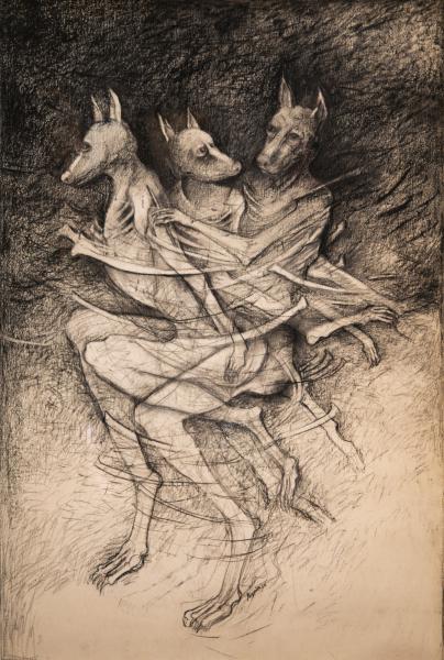 “Three Fates,” 2014, Charcoal on Paper, 53 x 36 Inches