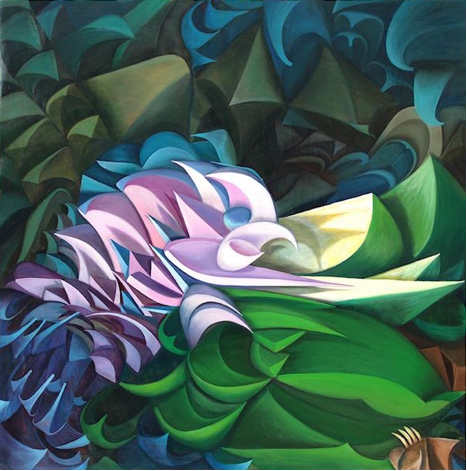 "Pink-Blue Birds Flowers," 2015, Oil on Canvas, 59 x 59 Inches