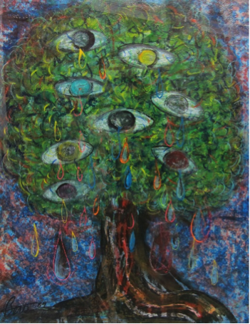 “The Weep of the Spirit of Sadness,” 1989, Acrylic, Pastel, Charcoal, Wax Crayon and Oil Stick on Paper, 30 x 22 Inches