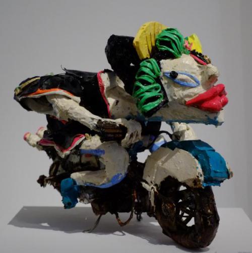 "Oiran Motorcycle," 2014, Cardboard, Acrylic Paint, Metal, Wire, Polyester Resin, 26 x 16 x 18 Inches