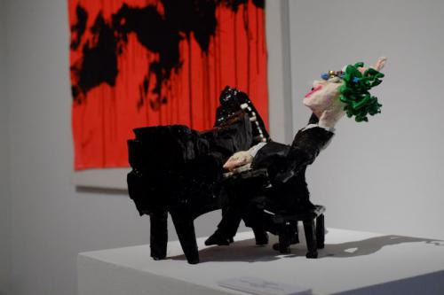 "Pianist," 2015, Cardboard, Acrylic Paint, Metal, Wire, Polyester Resin, 10 x 20 x 13 Inches