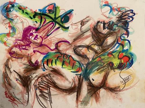 "A Big Snake and Three," 2011, Mixed Media on Paper, 18 x 24 Inches