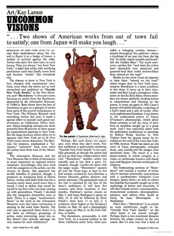 Art critic Kay Larson's review of Showdown at The Alternative Museum in New York Magazine, May 16, 1983