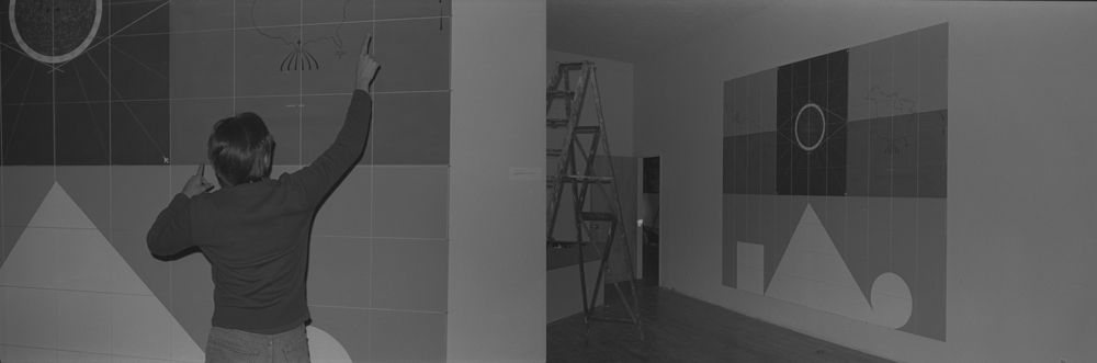 Artist Frank Fajardo during installation for Low Down Showdown, a group exhibition in Tribeca, New York City, 1983