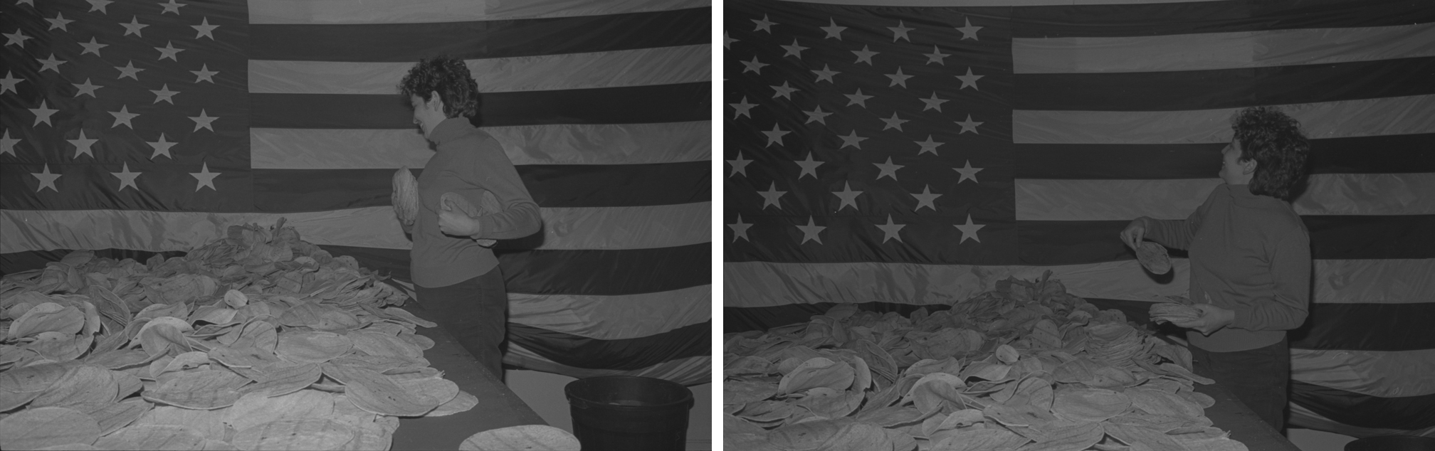 Artist Susan Plum during installation for Low Down Showdown, a group exhibition in Tribeca, New York City, 1983