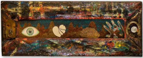 "Answer to Van Gogh," 1987, Acrylic and Mirror Shards on Canvas with Plaster and Dydrocal over Wire and Wood Frame with Door knocker, Door Knob, Horseshoe, 18 x 47 x 4 Inches