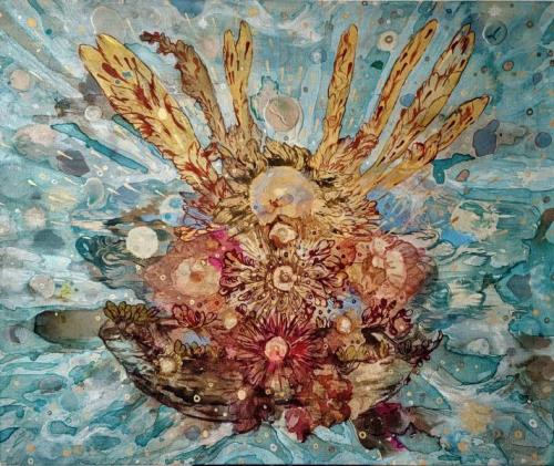 "Blue Skies," 2024, Acrylic Paint, Resin and Ink on Canvas, 48 x 58 Inches 