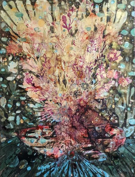 "Full Cup: Golden," 2025, Acrylic Paint, Resin and Ink on Canvas, 58 x 76 Inches 