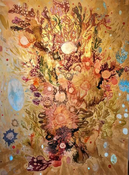 "Golden Gesture of Becoming," 2025, Acrylic Paint, Resin and Ink on Canvas, 102 x 78 Inches 