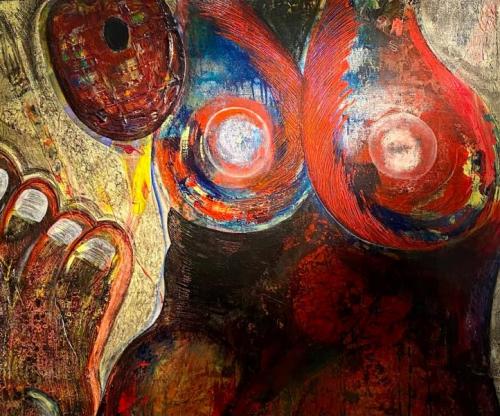 Collaboration with Jesse Lott, "Love and War,"  1980,   Acrylic on Processed Board,  32 x 39 Inches 