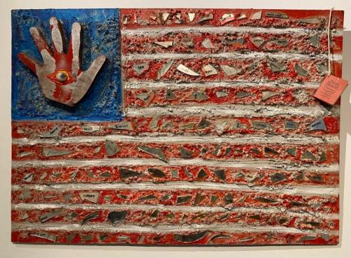"Comfort, Assurance, Salvation," 1983, Acrylic, Mirrors, Wood, Cement, Tin and Glass Eye on Masonite, 23 x 33 Inches