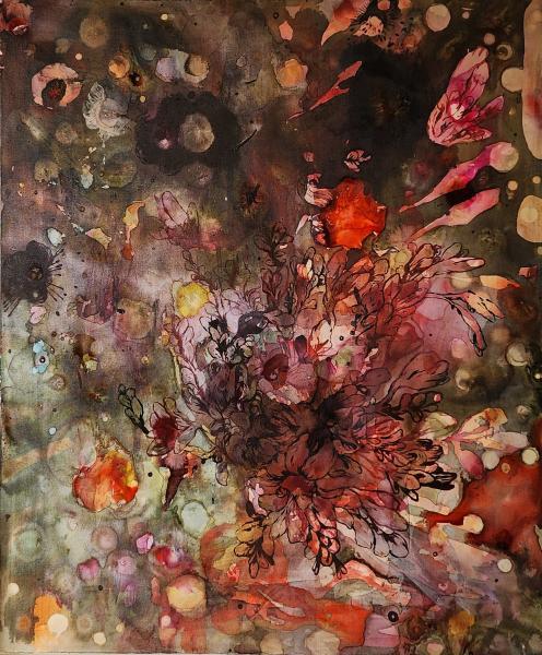 "Nocturne," 2024, Acrylic Paint, Resin and Ink on Canvas, 48 x 58 Inches 