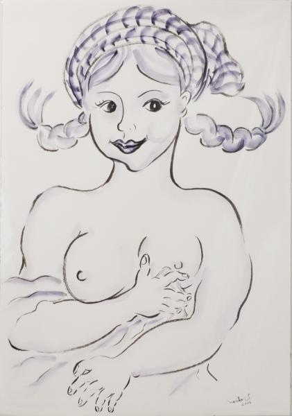 "Cutie and Bullie: Cutie as La Fornarina," 2014, Sumi, Watercolor and White Highlight on Paper, 20 x 14 inches