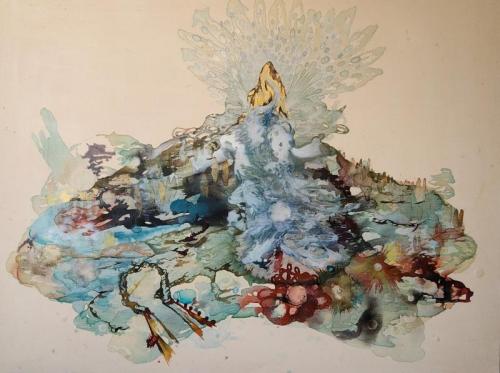 "Umm Hmm/Cascade," 2025, Acrylic Paint, Resin and Ink on Canvas, 58 x 76 Inches 